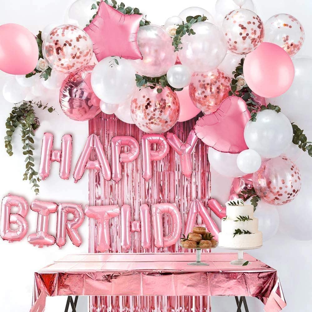iZoeL Pink Birthday Party Decoration for Girls Happy Birthday Banner Baloons Fringe Curtain Foil Tablecloth Heart Star Foil Confetti Balloons and 10g Table Confetti for Women Birthday Party