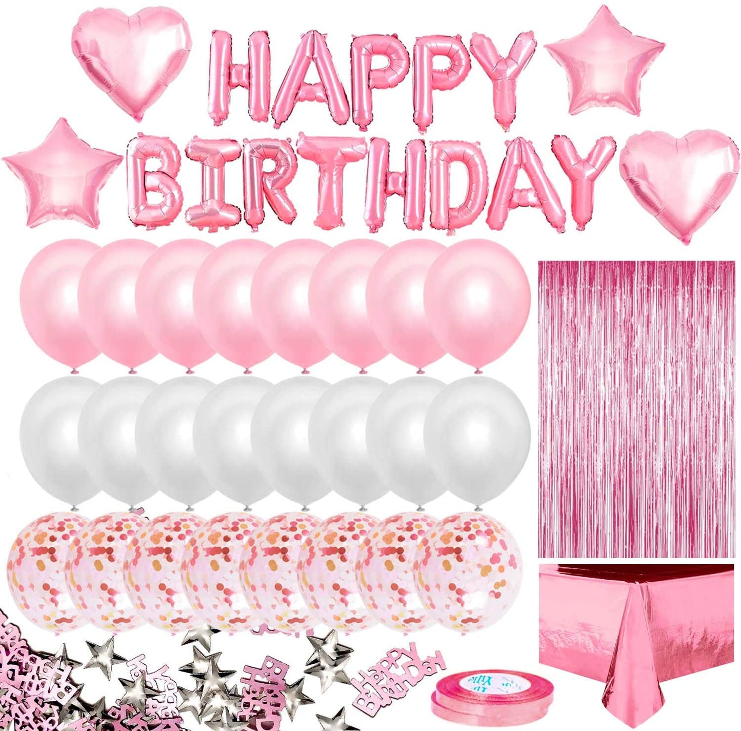 iZoeL Pink Birthday Party Decoration for Girls Happy Birthday Banner Baloons Fringe Curtain Foil Tablecloth Heart Star Foil Confetti Balloons and 10g Table Confetti for Women Birthday Party