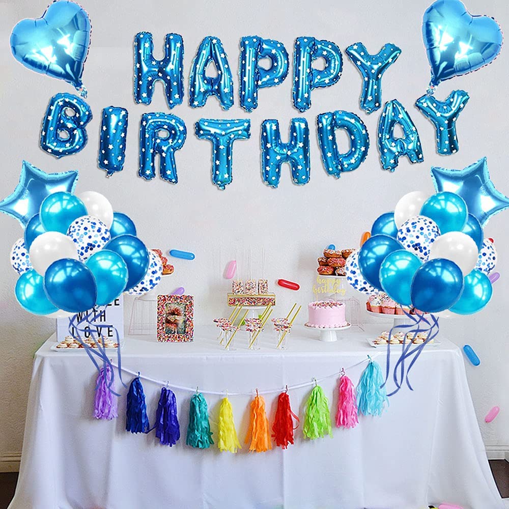 iZoeL Blue Birthday Party Decoration Boys, Blue Happy Birthday Banner Confetti Balloon Heart Star Balloon plus 10g Birthday Table Confetti for Baby Shower Kid Girl Man Birthday Supplies