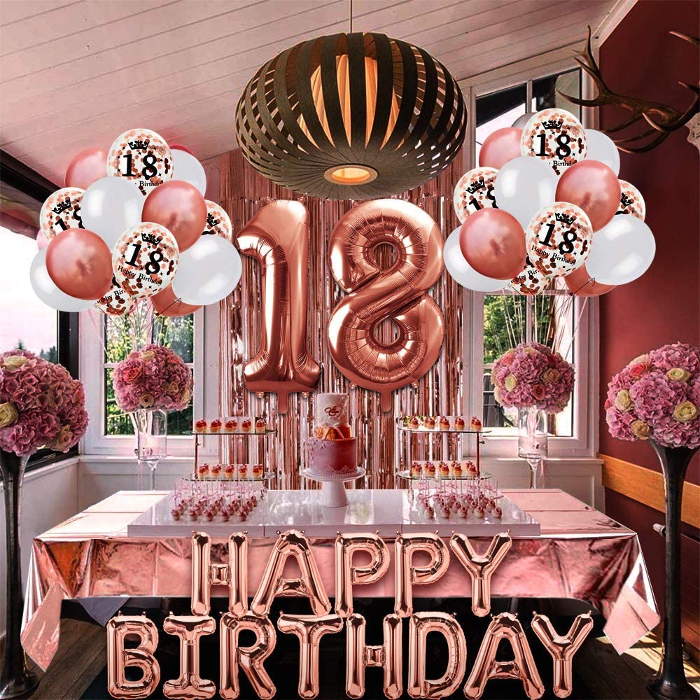 iZoeL 18th Rose Gold Birthday Party Decoration, Happy Birthday Banner, Helium Number Balloon 18 XXL, 2 Rose Gold Fringe Curtain, Latex Confetti Balloon, Table Confetti Girl Women