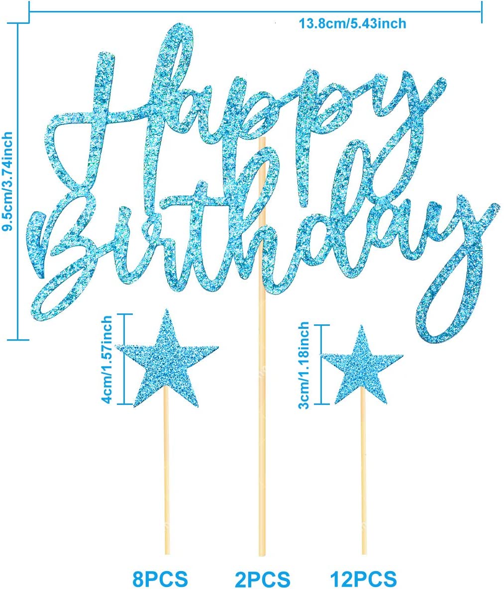 iZoeL 2 Sets Blue Cake Decoration Blue Cake Topper Happy Birthday Banner Confetti Balloon Stars Heart Cake Topper for Men Boys Women Girls Blue Theme Birthday Party Decor (Blue)