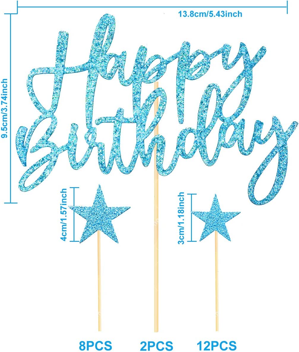 iZoeL 2 Sets Blue Cake Decoration Blue Cake Topper Happy Birthday Banner Confetti Balloon Stars Heart Cake Topper for Men Boys Women Girls Blue Theme Birthday Party Decor (Blue)