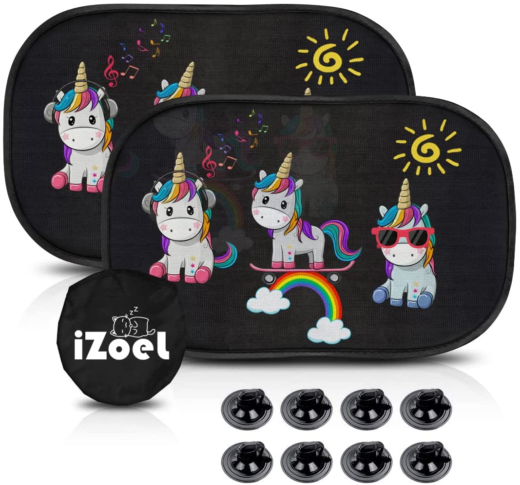 iZoeL Sonnenschutz Auto Baby mit UV Schutz, 2 Pack Sonnenblende Kinder mit 8 Saugnapf, Schatten Autofenster Seitenscheibe Motiv Tiere (Einhorn)
