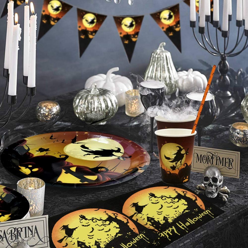 iZoeL Halloween Tableware for 20Guests Witches Banner Paper Plates Napkins Cups Straws - Disposable Dinnerware for Halloween Party Decorations Supplies