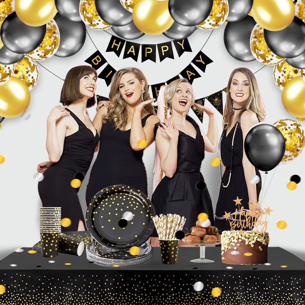iZoeL Vaisselle Jetable Anniversaire Or Noir, Decoration Anniversaire Homme Femme, 46pcs Arche Ballon anniversaire Nappe Rideau Bruant Serviettes Assiettes Tasses Paille 10g Confettis