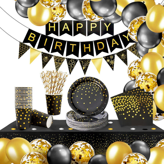 iZoeL Vaisselle Jetable Anniversaire Or Noir, Decoration Anniversaire Homme Femme, 46pcs Arche Ballon anniversaire Nappe Rideau Bruant Serviettes Assiettes Tasses Paille 10g Confettis