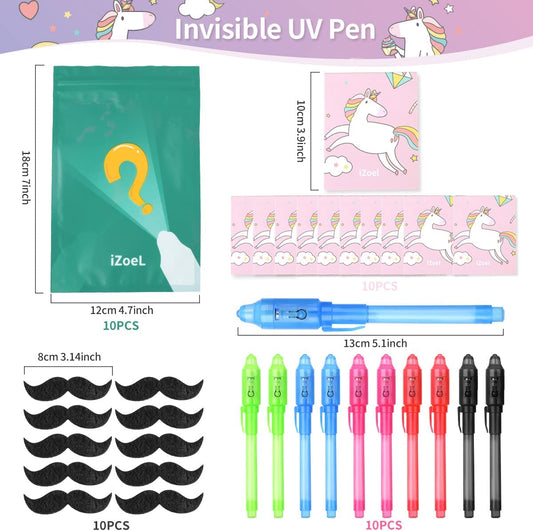 iZoeL 10 Invisible Ink Pen Secret Pen 10 Notebook 10 mustache, Unicorn Invisible Writing with UV Light, Invisible UV Pens Detective Birthday Pinata Party Bags Filler School Prize