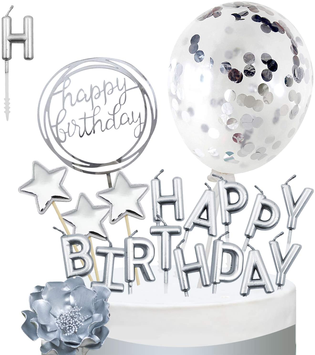 iZoeL Silver Cake Decoration Happy Birthday Cake Topper Birthday Candles Confetti Balloon Stars For Silver Theme Party Decor Girl Kid Women Man Birthday Party Anniversary
