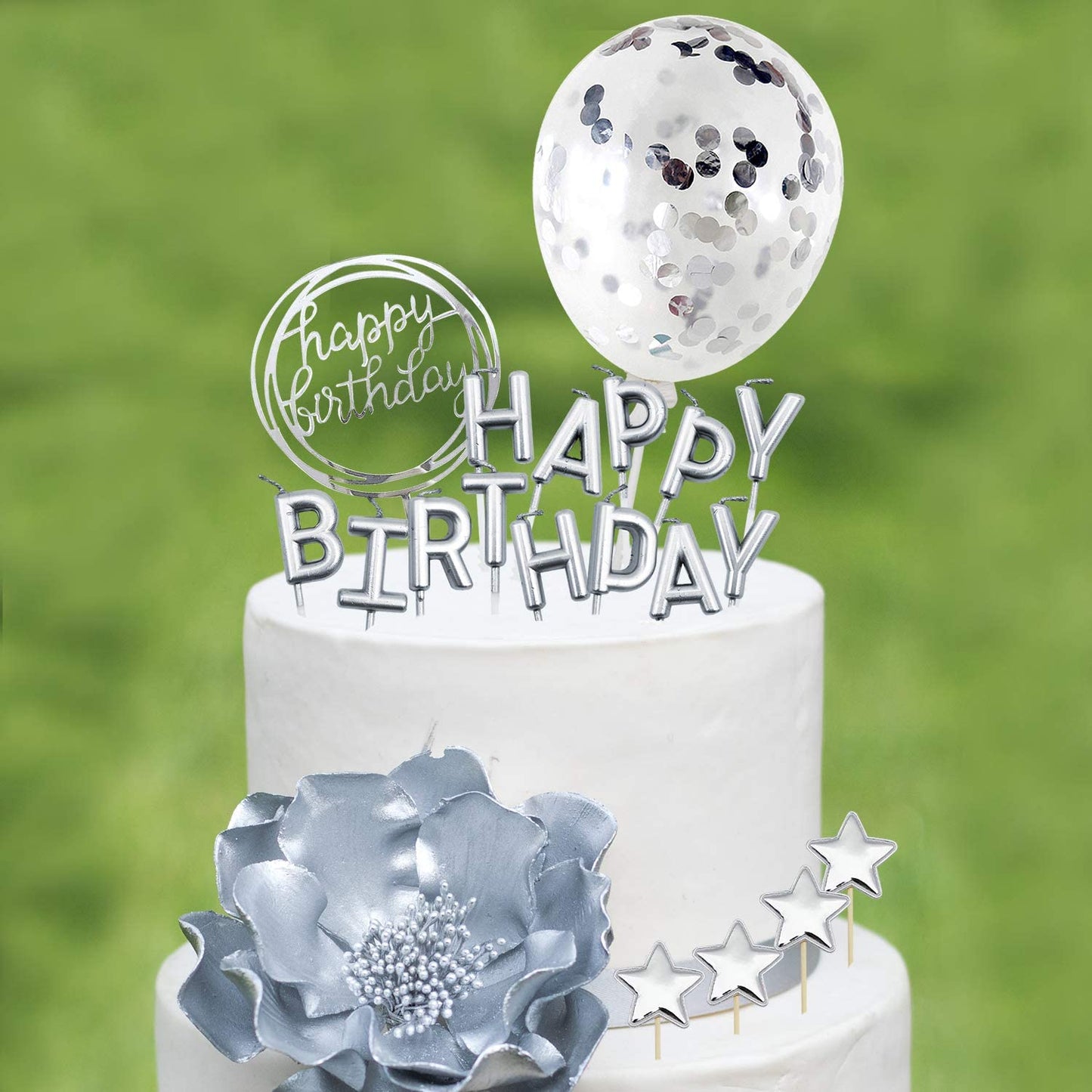 iZoeL Silver Cake Decoration Happy Birthday Cake Topper Birthday Candles Confetti Balloon Stars For Silver Theme Party Decor Girl Kid Women Man Birthday Party Anniversary