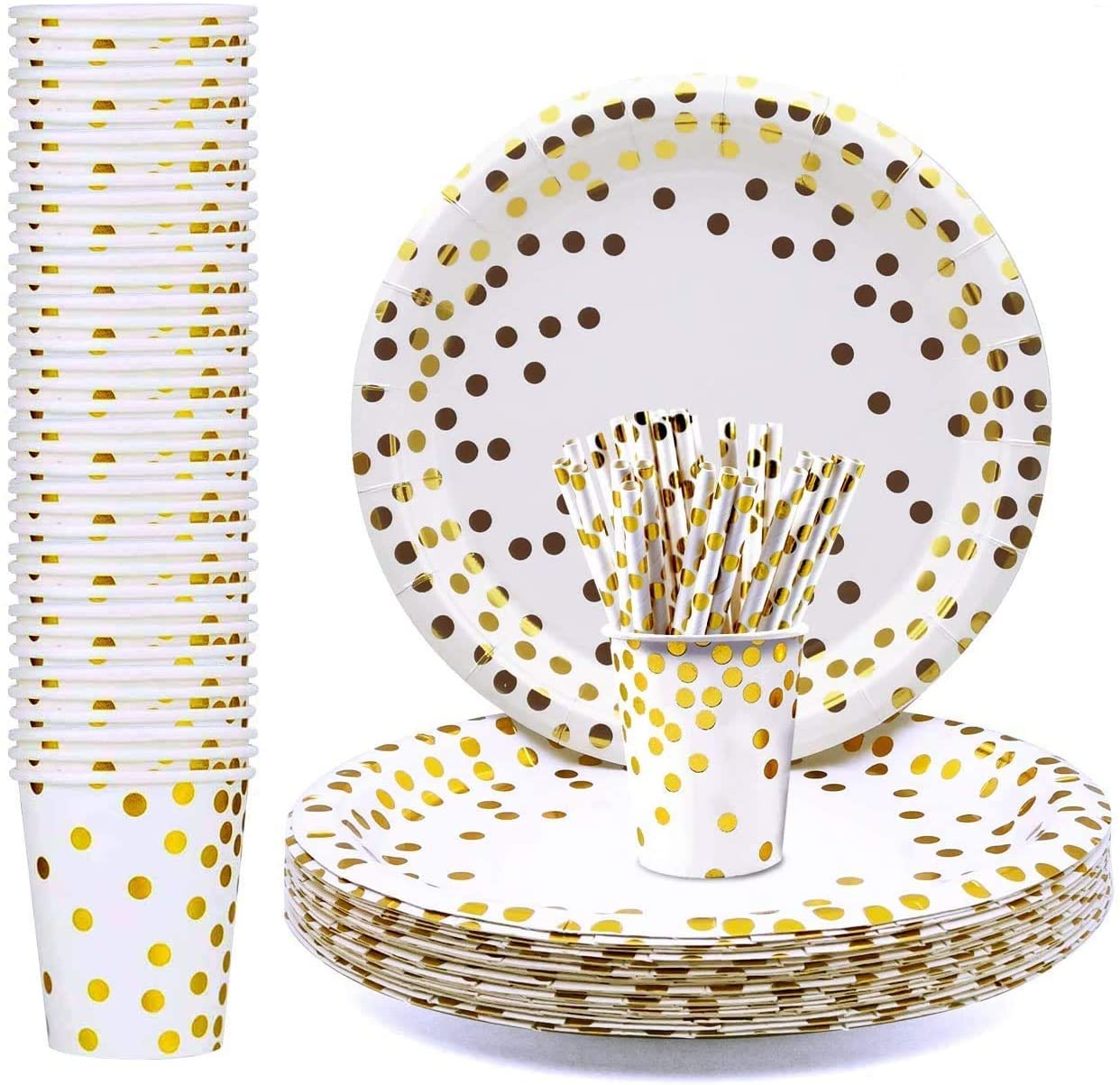 iZoeL 60 Guests Gold Party Tableware Paper Dinnerware Gold Dot Plates Cups Straws Napkins for Birthday Party Baby Shower Bridal Wedding Anniversary