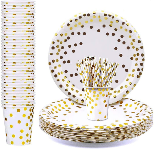 iZoeL 60 Guests Gold Party Tableware Paper Dinnerware Gold Dot Plates Cups Straws Napkins for Birthday Party Baby Shower Bridal Wedding Anniversary