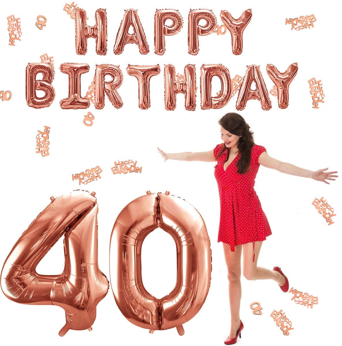 iZoeL 40th Rose Gold Birthday Party Decoration Happy Birthday Banner Helium Number Balloon 40 XXL 2 Rose Gold Fringe Curtain Latex Confetti Balloon Table Confetti Girl Women Anniversary