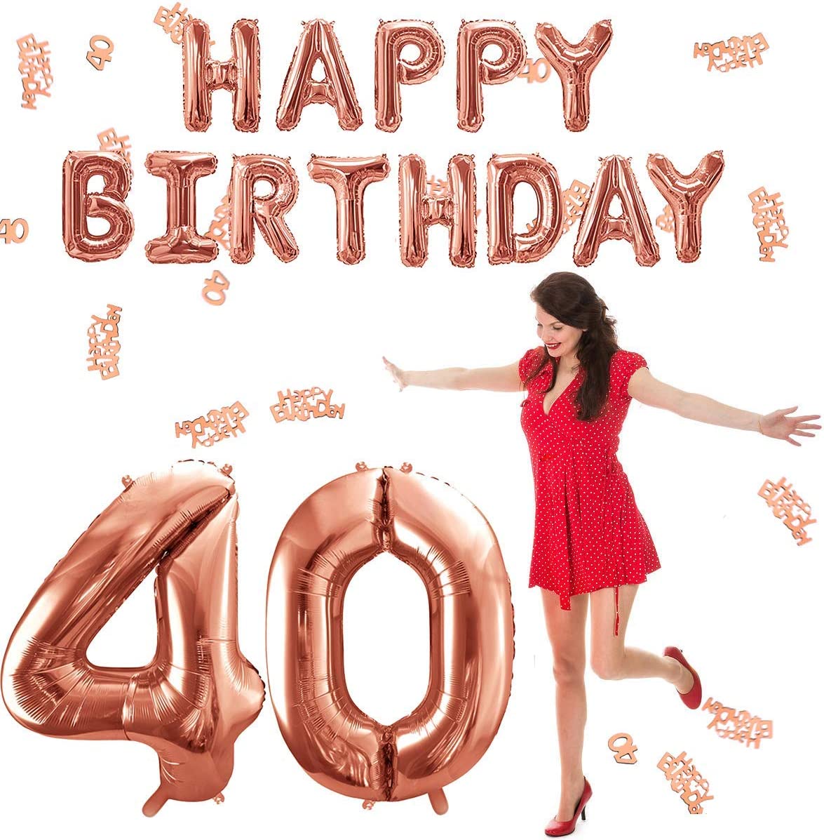 iZoeL 40th Rose Gold Birthday Party Decoration Happy Birthday Banner Helium Number 40 XXL 2 Rose Gold Fringe Curtain Latex Confetti Balloon Table Confetti Girl Women Anniversary