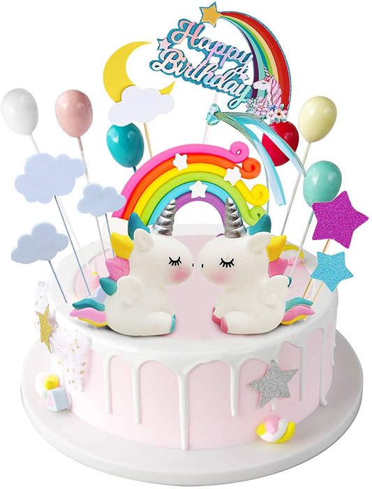 iZoeL 21pcs Unicorn Cake Topper Kit Cloud Rainbow Balloon Happy Birthday Banner Cake Decoration For Boy Girl Kid Birthday
