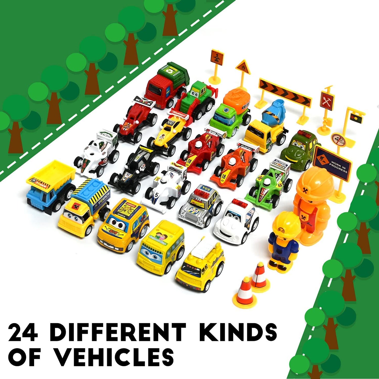 iZoeL Cars Advent Calendar for Kids Boys 2021 Christmas, 24 Mini Pull Back Vehicles with Game Map, Racing Car Construction Vehicles Fire Truck Countdown Days to Christmas for Son Grandson Girls