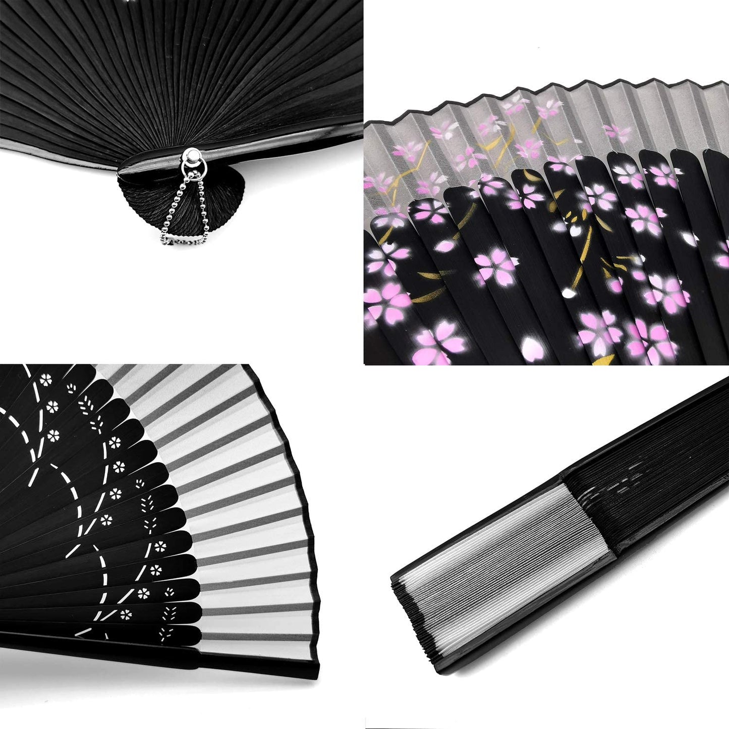 iZoeL Hand Bamboo Fan Handheld Folding Portable Fans, Black Fabric Cherry Fan with High-end Gift Bag, Cherry Pattern Hand Held Pocket Chinese Fan Idea Wedding Birthday Gift for Man Women