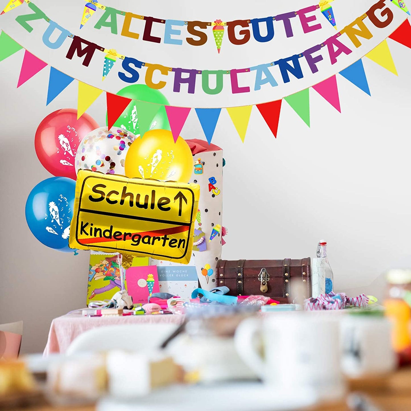 iZoeL Schuleinführung Schulanfang Einschulung Deko Alles Gute Zum Schulanfang Girlande + 10m Wimpelkette + Folienballon + 15 Luftballon + 123 ABC Konfetti für Junge Mädchen