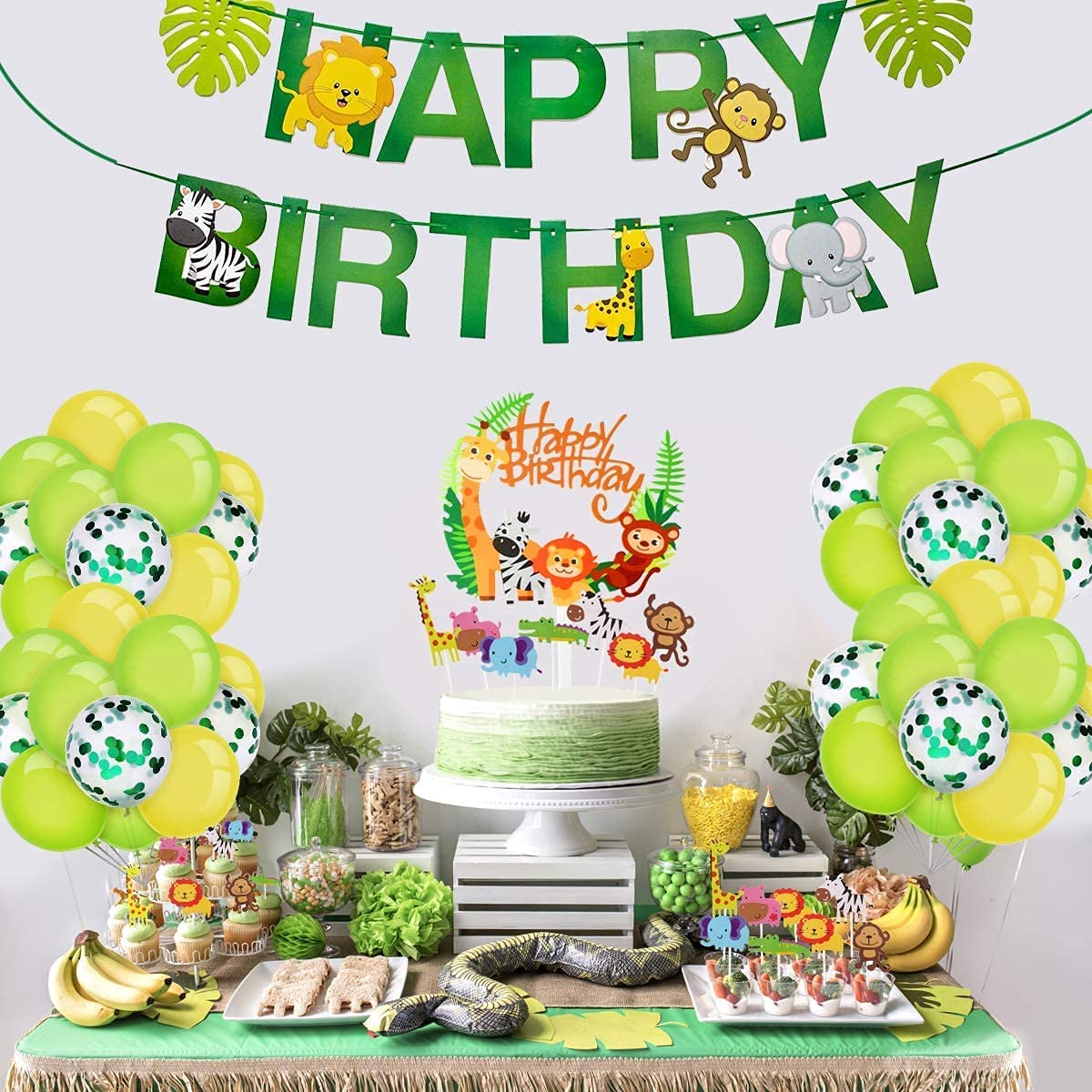 iZoeL Animal Cake Topper, 1pcs Zoo Animal Happy Birthday Banner, 35 Animal Cupcake Topper for Kid Birthday Party Decoration, Jungle Safari Theme Party (Green)