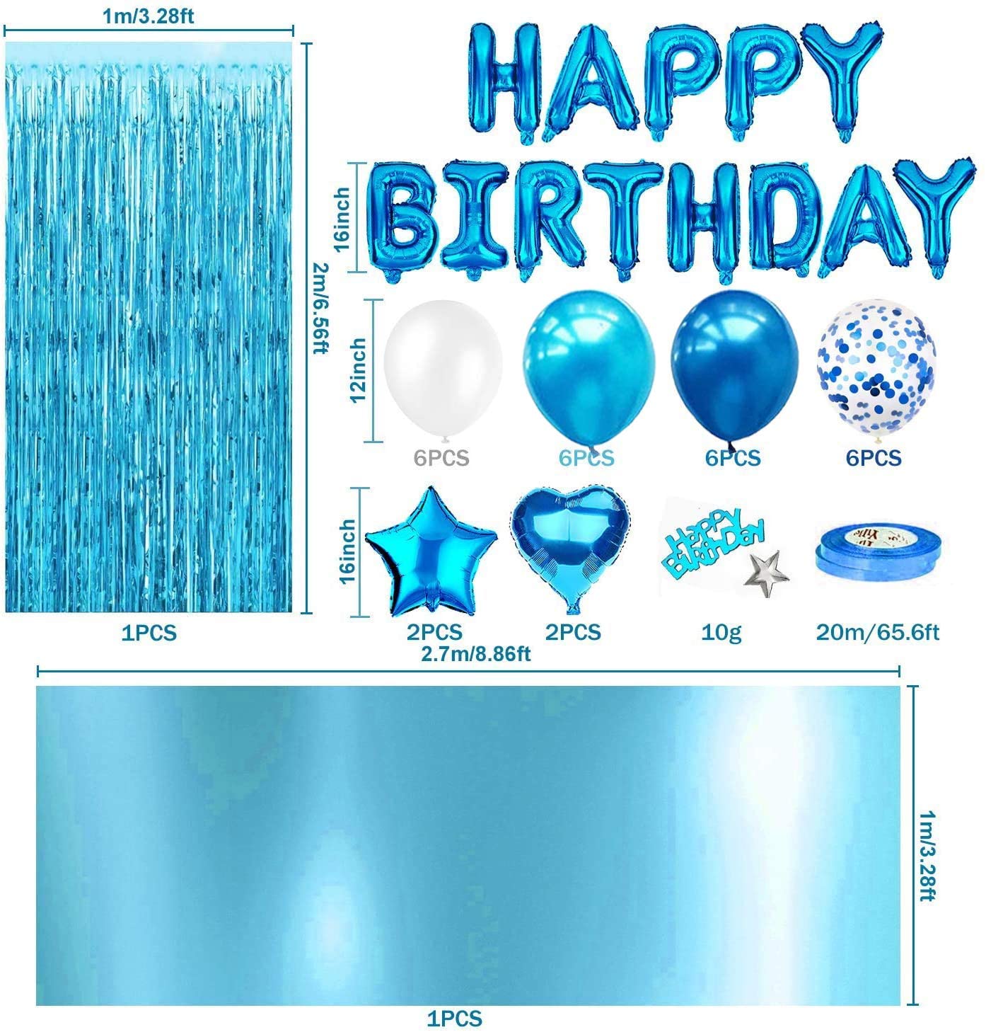 iZoeL Blue Birthday Decoration for Boys, Happy Birthday Banner, Foil Fringe Curtain Tablecloth, Heart Star Confetti Balloons with 10g Birthday Table Confetti for Baby Shower Men Kids