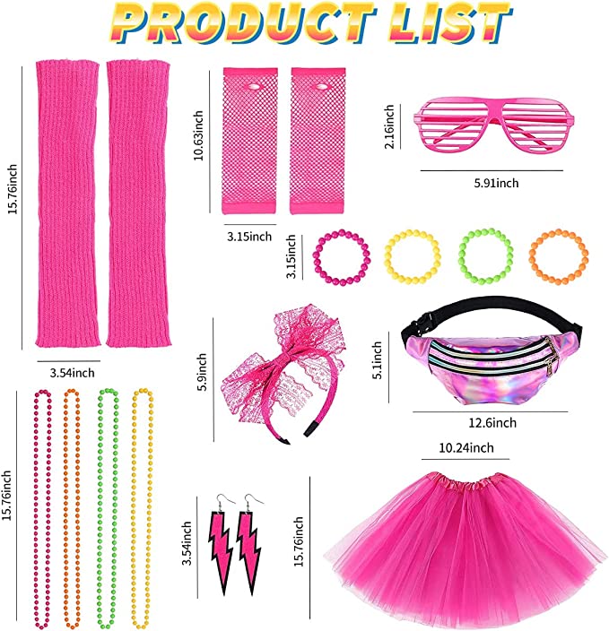 iZoeL 80s Fancy Dress for Women Halloween Costumes for Girls 80s Accessories 80s Costume80s Outfits - Waist Packs Tutu Skirt 4 Layers, Headband Leg Warmers Necklace Bracelets Rose Red