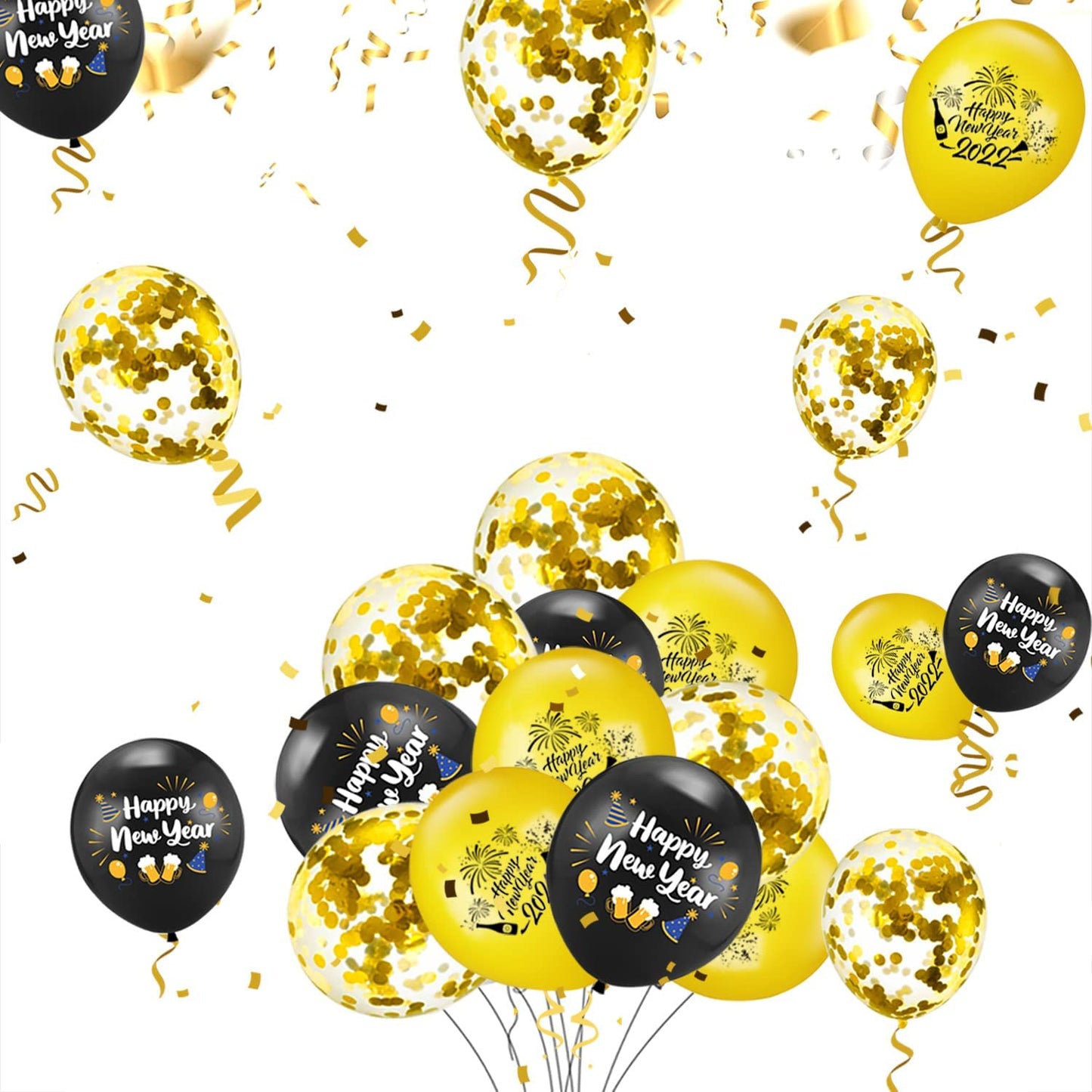 iZoeL New Years Eve Party Decorations 2022, Black Gold Happy New Year Banner, XXL 2022 Balloons, Gold Fringe Curtain, Bottle Champagne Balloons for Happy New Year Decorations