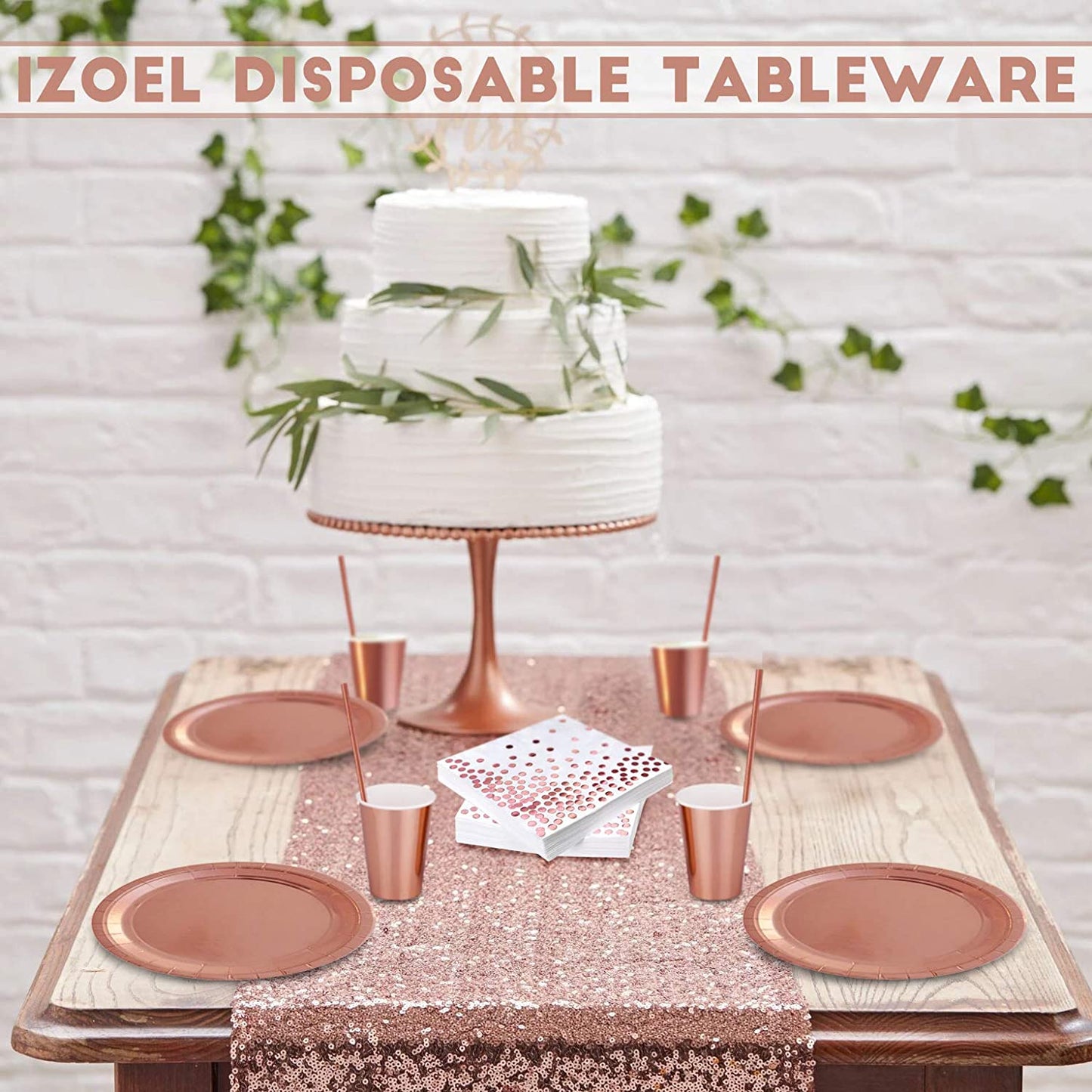 iZoeL 30 Guests Rose Gold Party Tableware Paper Dinnerware Plates Cups Straws Napkins Party Supplies for Birthday Party Baby Shower Bridal Wedding Anniversary