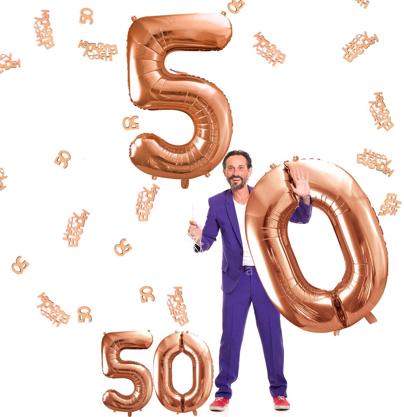 iZoeL Number 18/21/30/40/50/80 helium incl.4pcs XXL and Small Rose Gold balloon, 30g 50 Number Confetti,20g Happy Birthday Table Confetti, Birthday Anniversary Party Decoration(Rose Gold 50)