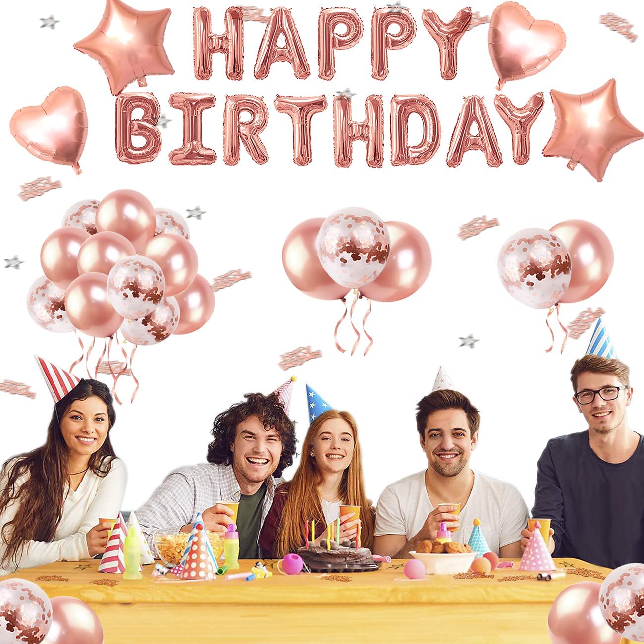 iZoeL Rose Gold Birthday Decoration for Girls Women, 13pcs Happy Birthday Banner Balloons, 6pcs Heart Star, 50pcs Latex Confetti Balloons Ribbons 10g Table Confetti Anniversary Party Accessories