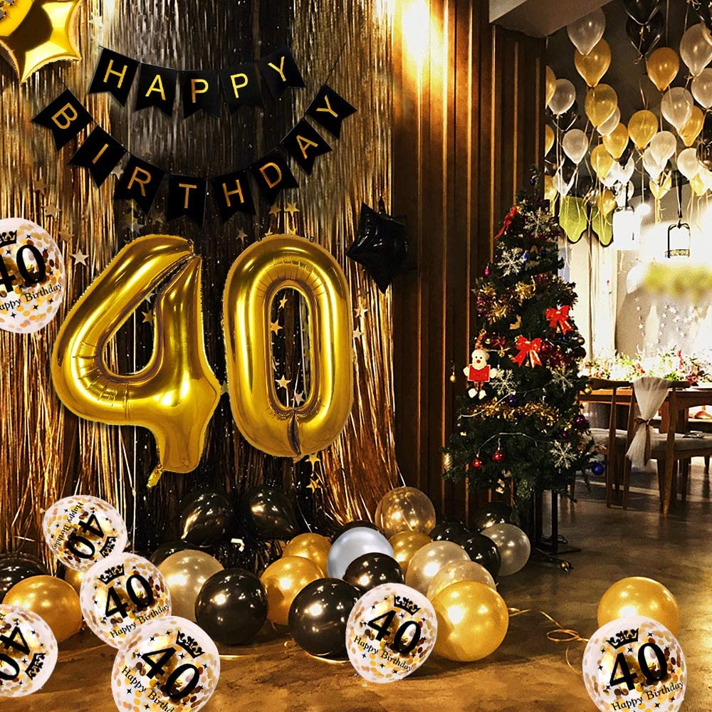 iZoeL 40th Black Gold Birthday Party Decoration, Happy Birthday Banner, Helium Number Balloon 40 XXL, 2 Gold Fringe Curtain, Latex Confetti Balloon, Table Confetti for Man Girl Women Anniversary