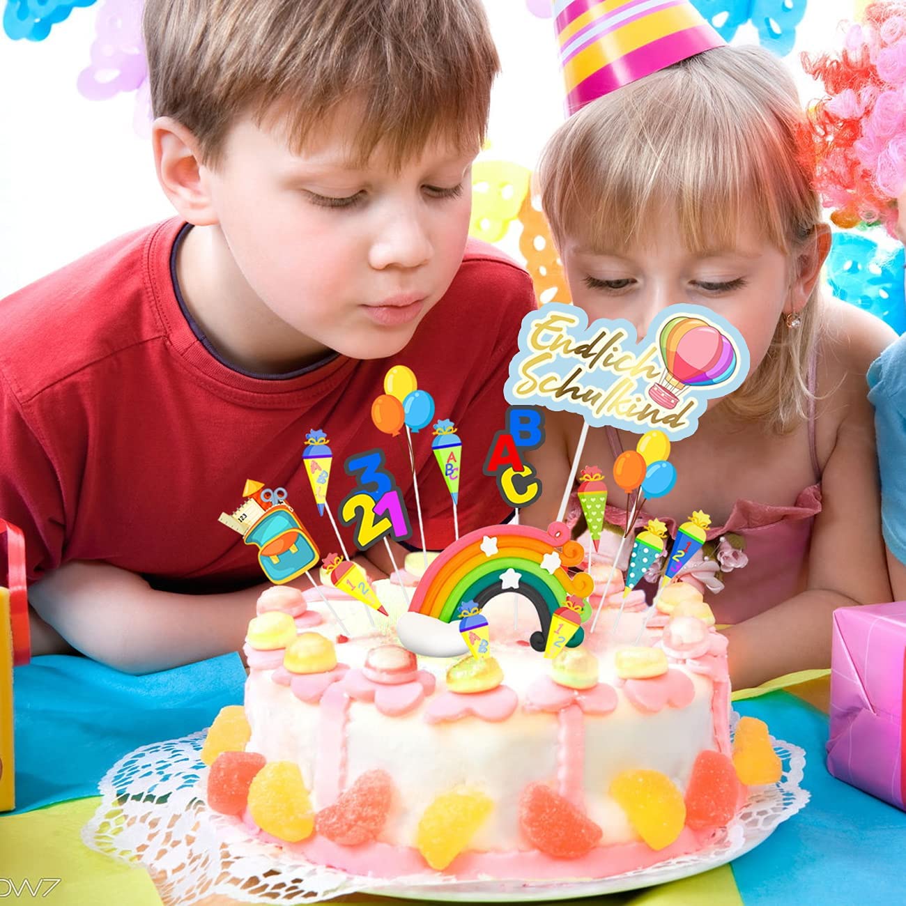iZoeL Cake Decoration School Child School Cake Decoration Finally School Child Cake Topper Rainbow Confetti Balloon ABC 123 Cupcake Muffin Decoration for Girls Boys (Multicoloured School Child)