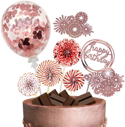 Roll over image to zoom in iZoeL Rose Gold Birthday Cake Decoration Happy Birthday Cake Topper Paper Fans Banner Confetti Balloon Fireworks Rose Gold Cupcake Topper for Girl Kid Women