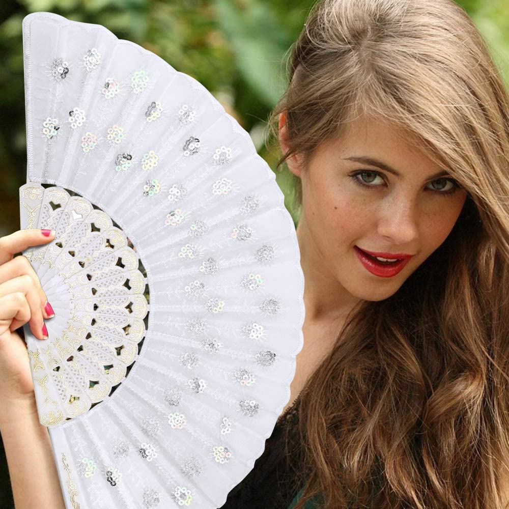 iZoeL Lace Folding Fans Handheld Folding Fans 2pcs Black and White Sequins Fan Women's Hand Held Holding Fans for Wedding Birthday Party Decoration Idea Gifts Dancing Prop Embellishing Walls