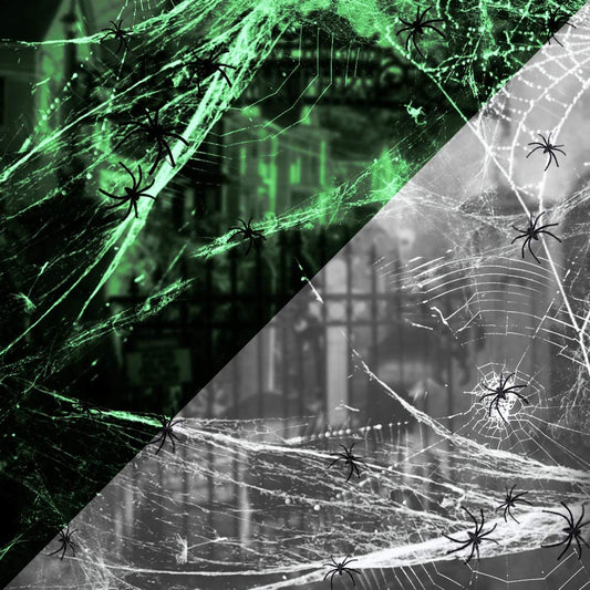 iZoeL 300sqft Stretchable Spider Web Night Luminous 100g with 50pcs Plastic Spider White Cobweb for Halloween Decoration Night Party Decoration (100 Gram)