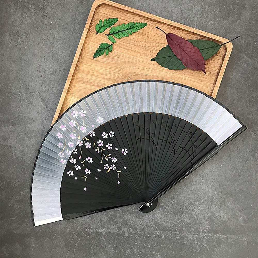 iZoeL Hand Bamboo Fan Handheld Folding Portable Fans, Black Fabric Cherry Fan with High-end Gift Bag, Cherry Pattern Hand Held Pocket Chinese Fan Idea Wedding Birthday Gift for Man Women