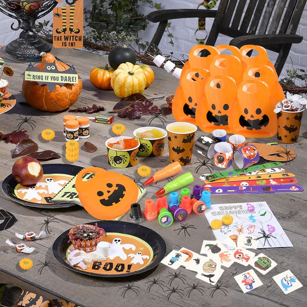 iZoeL 18 Set Spooky Halloween Toys for Kids Halloween Party Bag Fillers with Pumpkin Halloween Sweet Bags Slap Bracelet Stampers Tattoos Finger Halloween Spiders- Halloween Party Favours