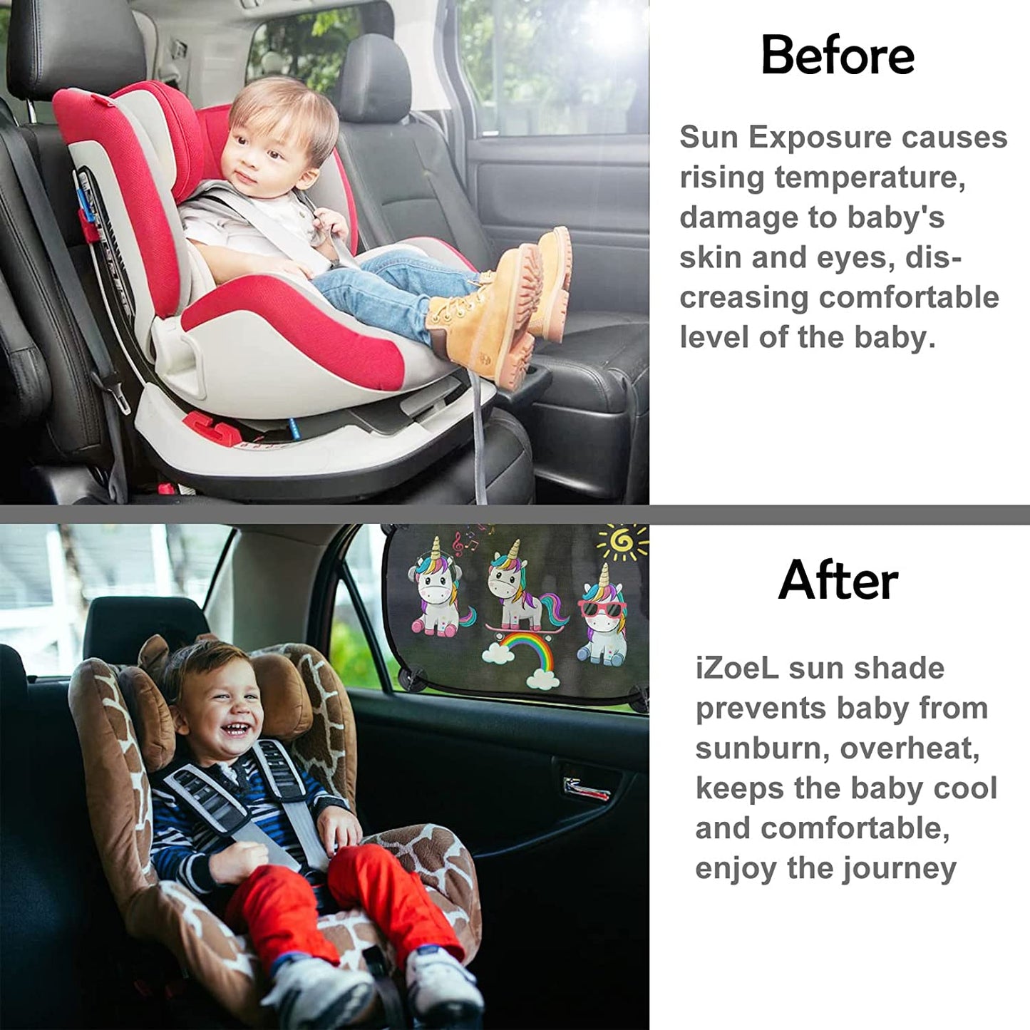 iZoeL Sonnenschutz Auto Baby mit UV Schutz, 2 Pack Sonnenblende Kinder mit 8 Saugnapf, Schatten Autofenster Seitenscheibe Motiv Tiere (Einhorn)