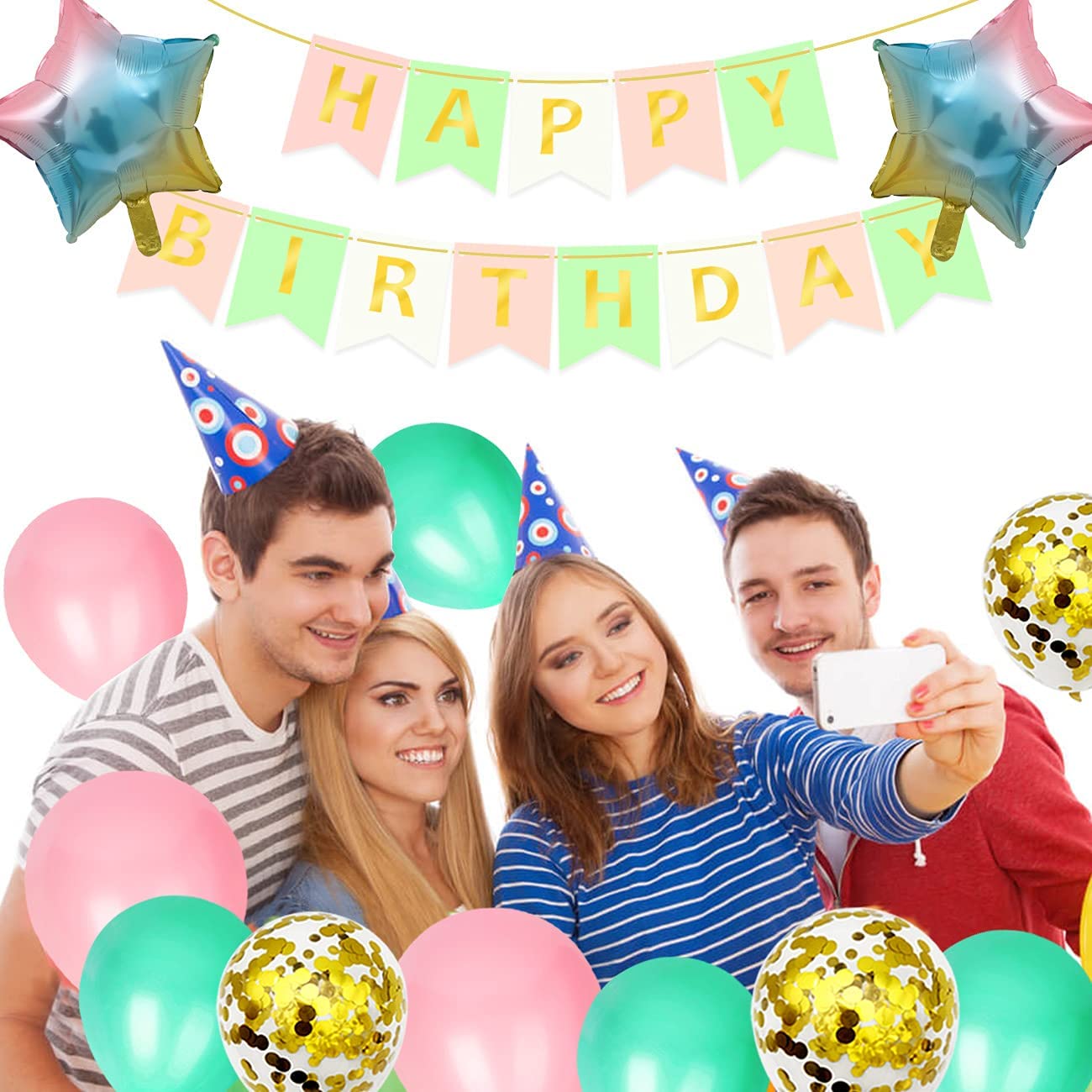iZoeL Birthday Decoration for Girls, Happy Birthday Banner, Confetti Balloons, Big Star Balloons, for Women Her Birthday Party Supplies Baby Shower