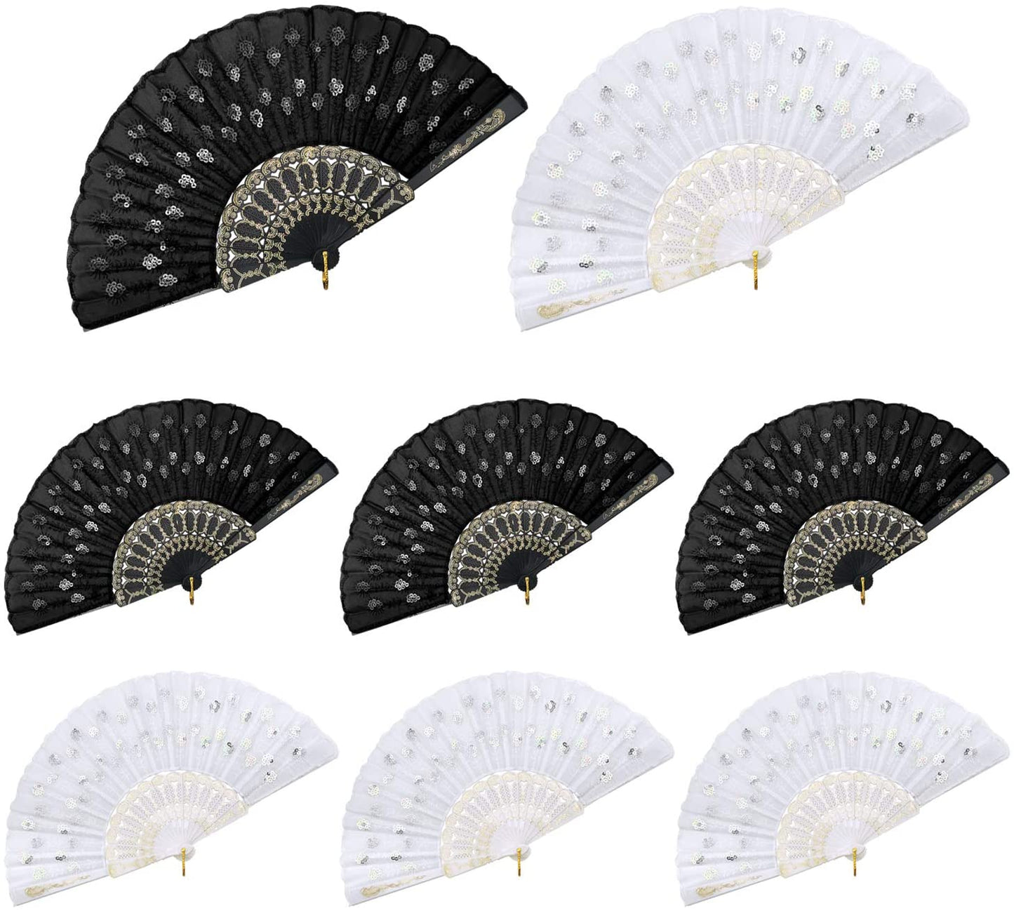iZoeL Lace Folding Fans Handheld Folding Fans 8pcs Black and White Sequins Fan Women's Hand Held Holding Fans for Wedding Birthday Party Decoration Idea Gifts Dancing Prop Embellishing Walls