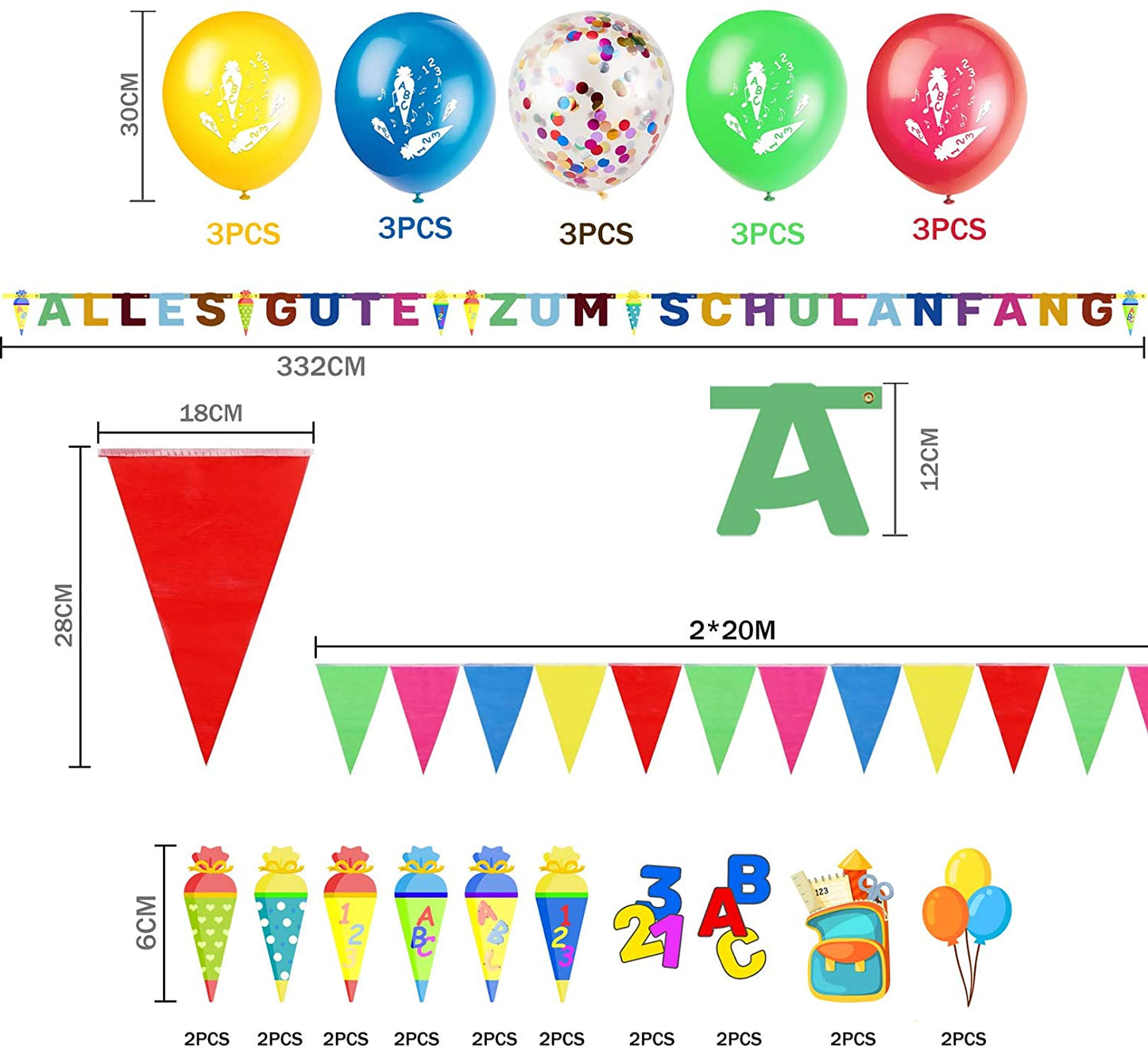 iZoeL Schuleinführung Schulanfang Einschulung Deko Alles Gute Zum Schulanfang Girlande + 10m Wimpelkette + Folienballon + 15 Luftballon + 123 ABC Konfetti für Junge Mädchen