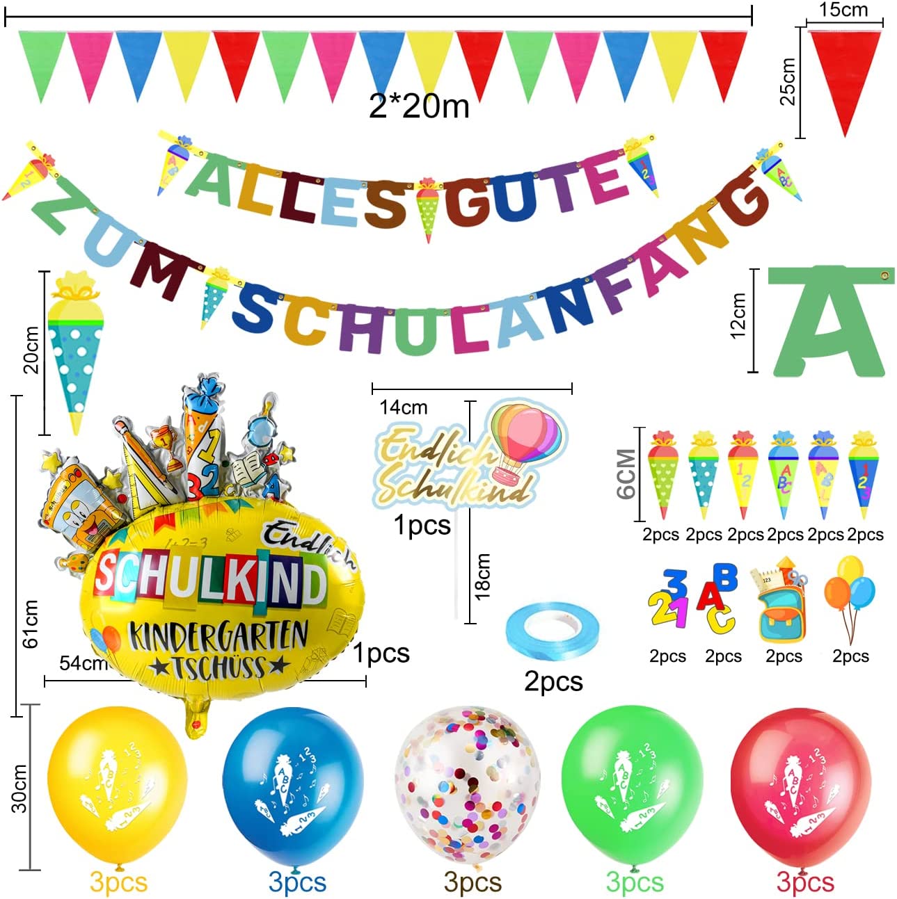 iZoeL Decorative First Day of School Boy Bunting "Alles Gute zum Schulanfang" Banner Foil Balloon Cake Decoration School Cone Craft Set Confetti Girls