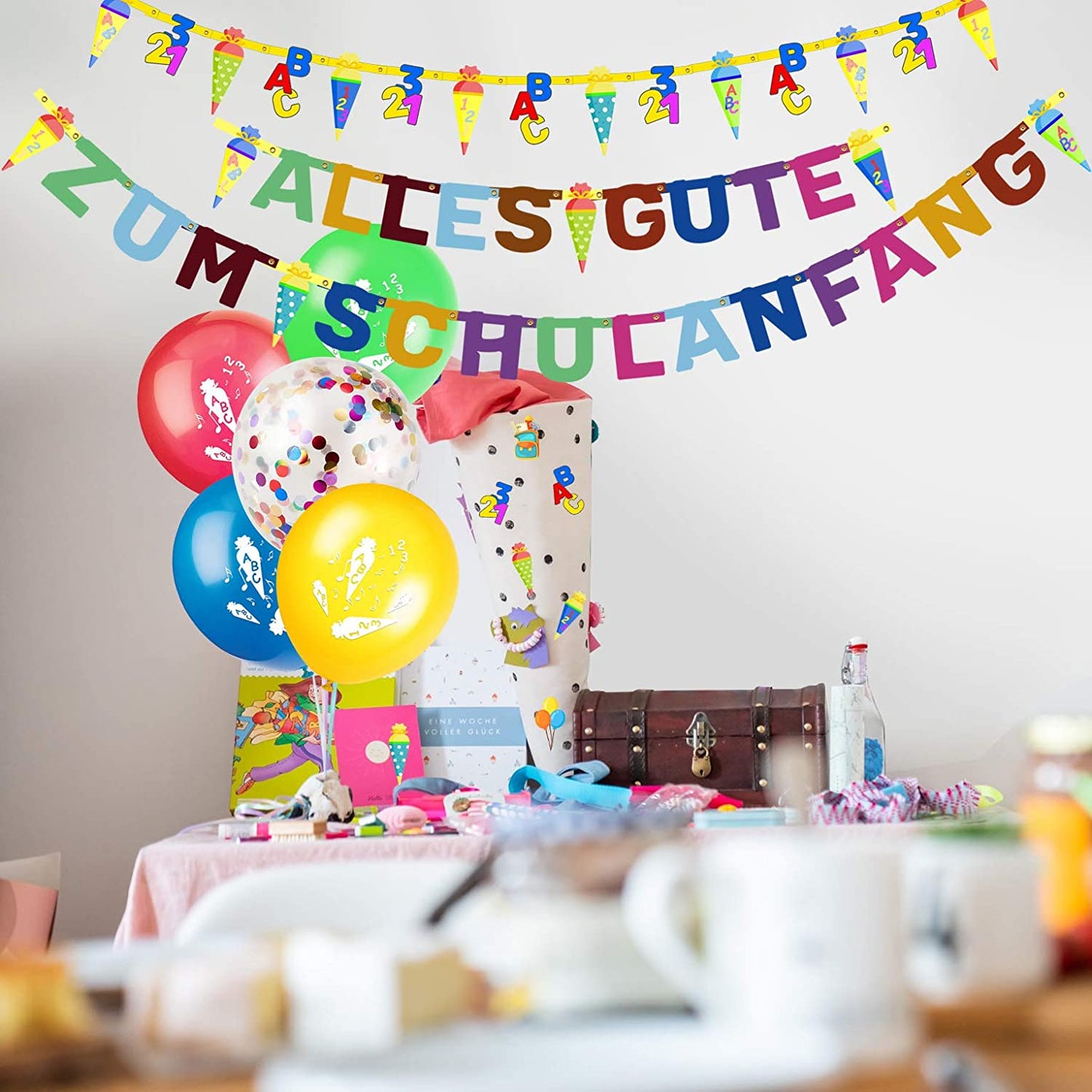 iZoeL Schuleinführung Schulanfang Einschulung Deko Alles Gute Zum Schulanfang Girlande + Schultüte Banner + 15 Luftballon + 123 ABC Konfetti für Junge Mädchen