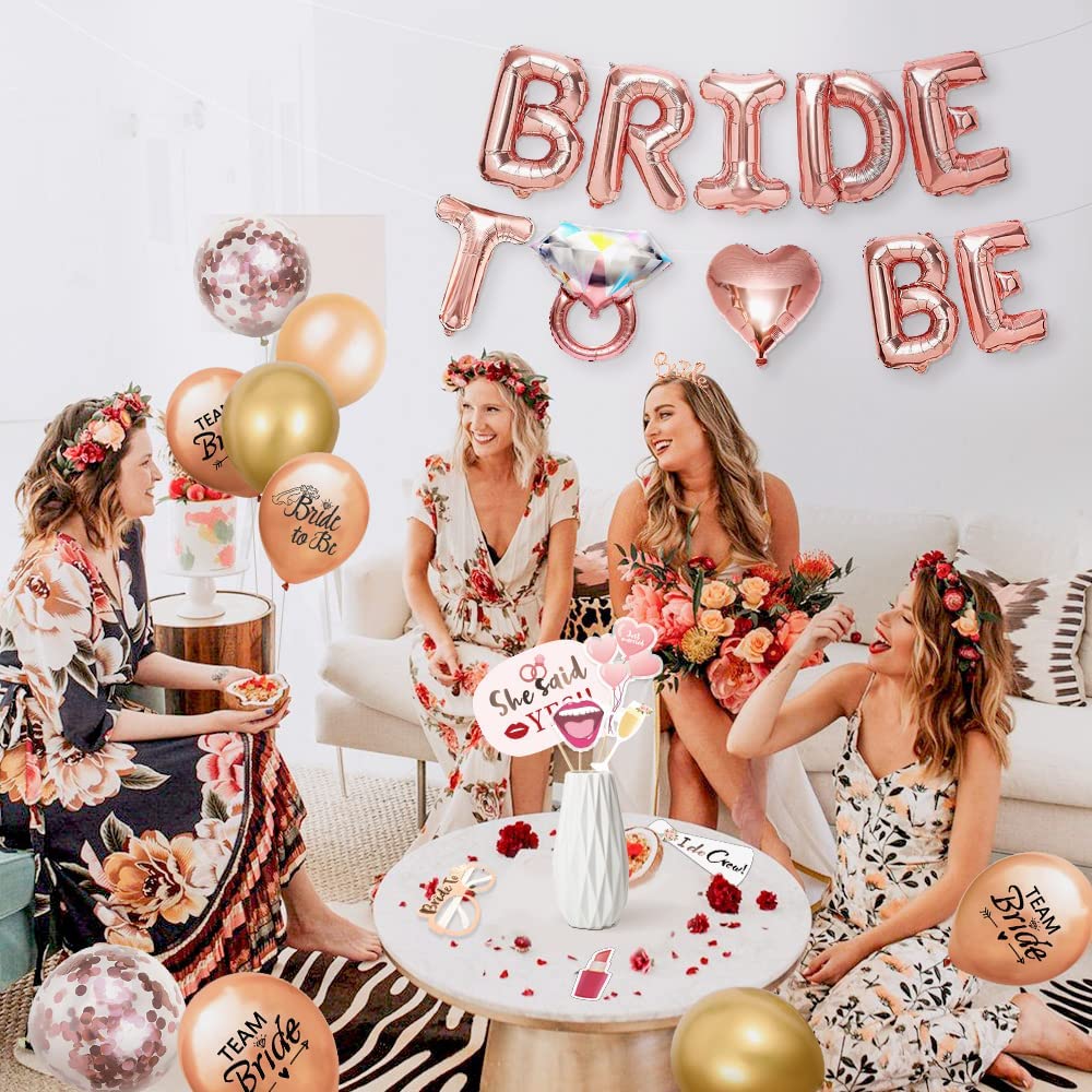 iZoeL Hen Party Decoration, Hen Party Accessories, 26 Hen Party Photobooth Props Sash Bride To Be Banner Balloons Veil Bride Headband Tiara Tattoos Team Bride- Hen Do -Rose Gold