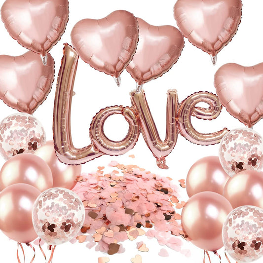 iZoeL Valentines Decorations, Rose Gold Valentines Balloons XXL LOVE Balloon, 6pcs Helium Heart Balloons, Heart Confetti 3000pcs, 12pcs Balloons for Wedding Anniversary Engagement Party