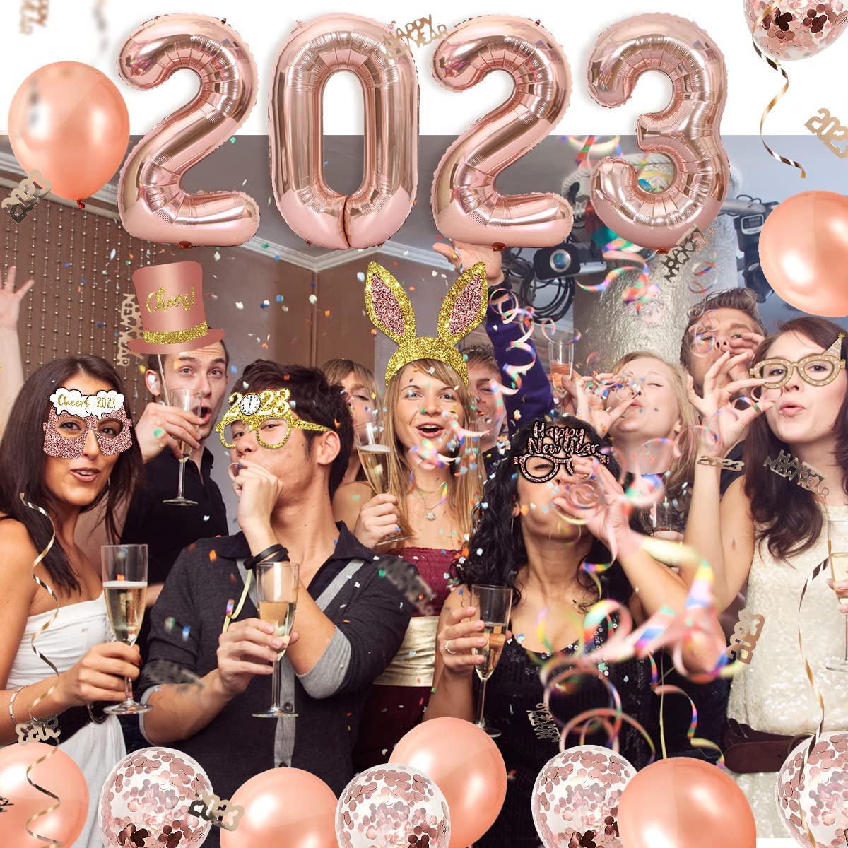 iZoeL New Years Decorations 2023 Eve Party Supplies - Rose Gold 2023 Balloons 2023 Glasses New Year Photo Booth Props, Curling Ribbons Table Confetti Decorations - New Years Party Favors
