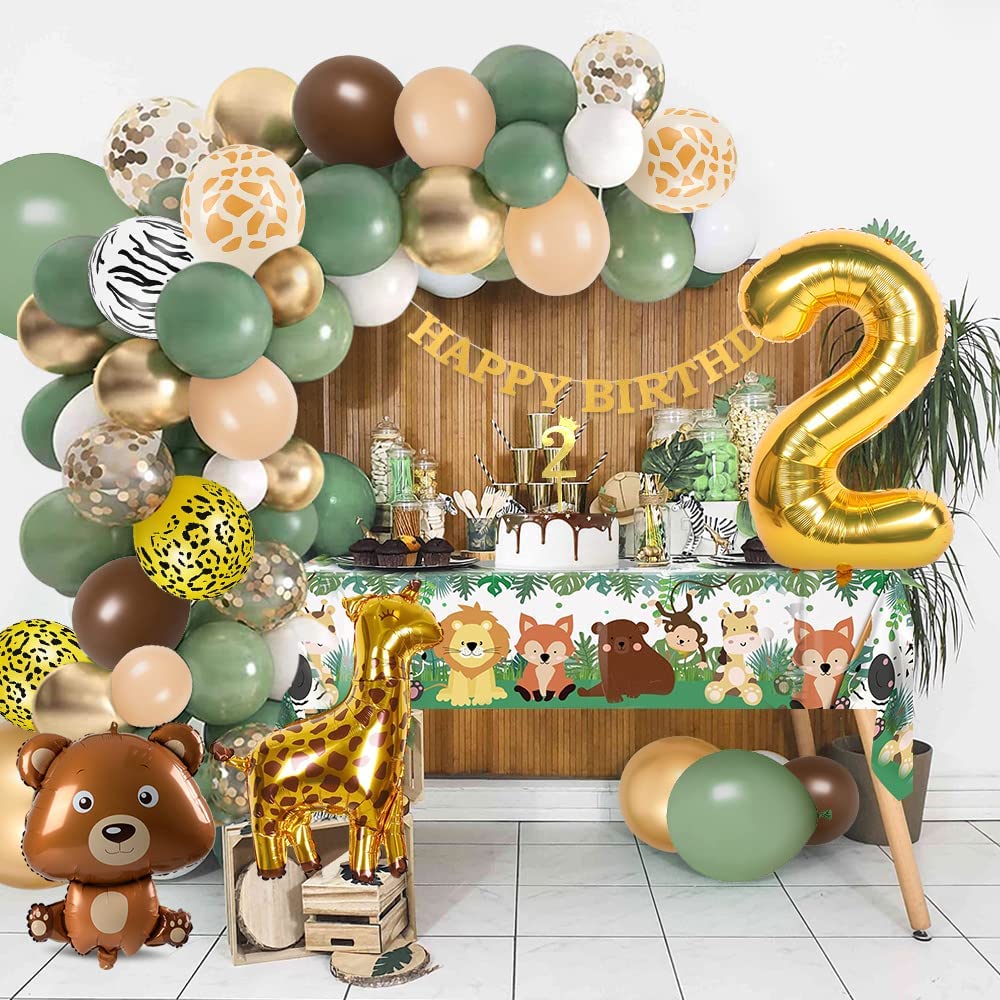 iZoeL 2nd Birthday Decorations for Baby Girls Boys 2 Birthday Banner Balloons, Sage Green Balloon Arch Kit, Giraffe Bear Balloons Wild Tablecloth 2nd Cake Topper Wild Two Animal Birthday Party