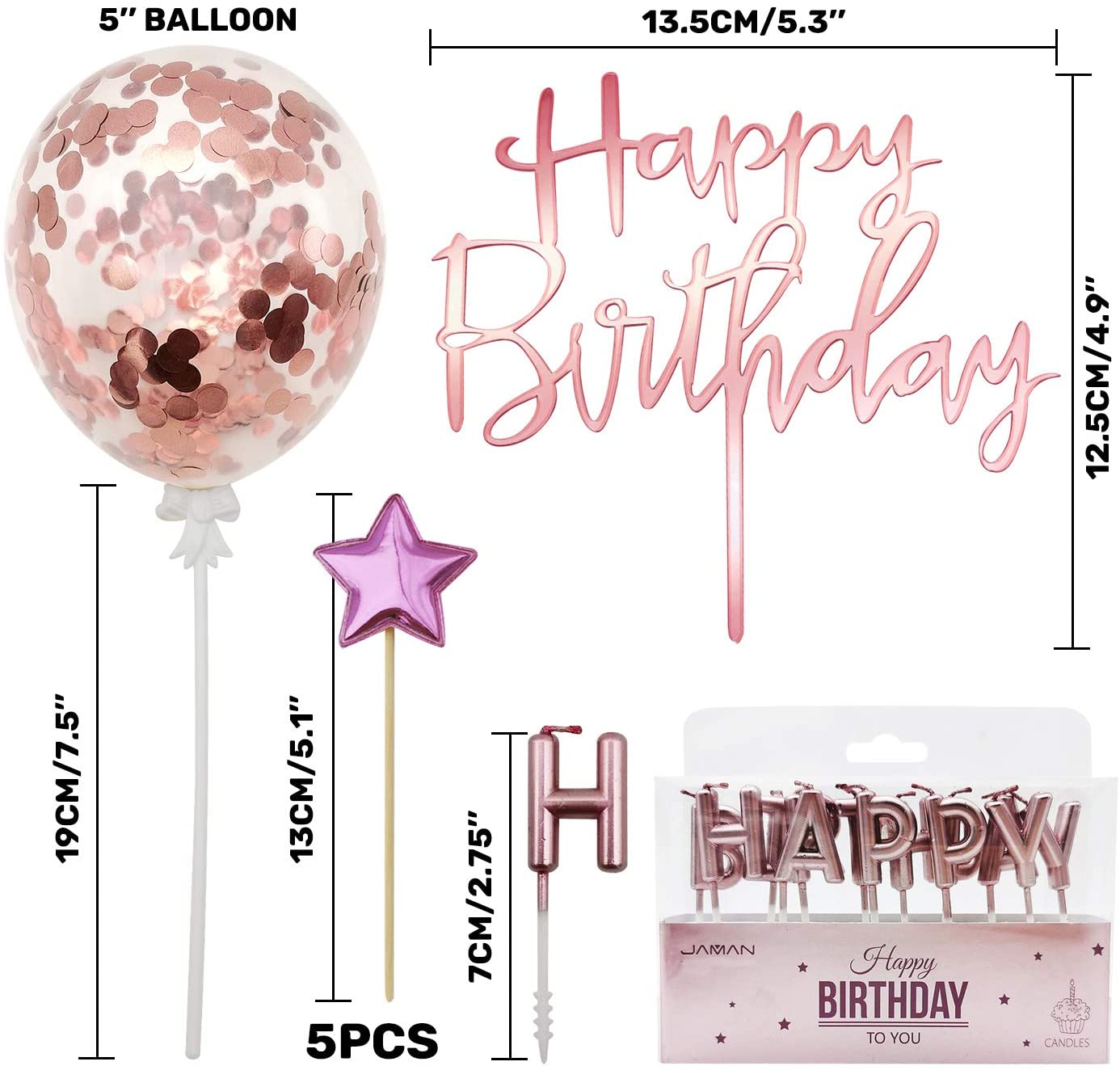 iZoeL Rose Gold Cake Decoration Rose Gold Happy Birthday Candles Happy Birthday Banner Confetti Balloon Stars Cake Topper For Rose Gold Theme Party Decor Girl Kid Women Birthday Party Baby Shower