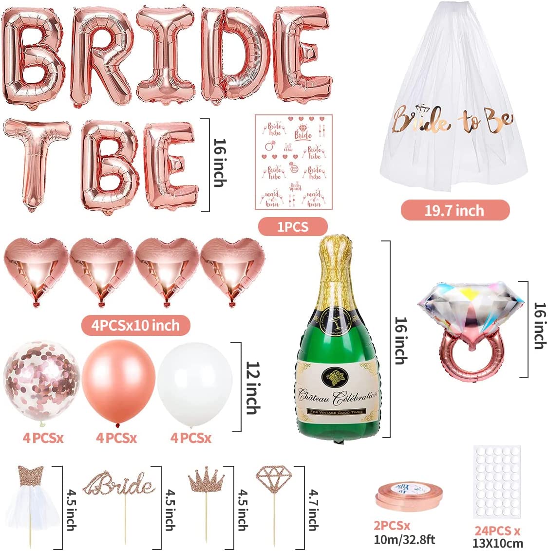 iZoeL Hen Party Decoration, Hen Party Accessories, Rose Gold Bride To Be Banner, Bride To Be Veil, Champagne Balloon, Tattoos for Team Bride, Bride Cake Topper, Confetti Balloons for Hen Do Wedding