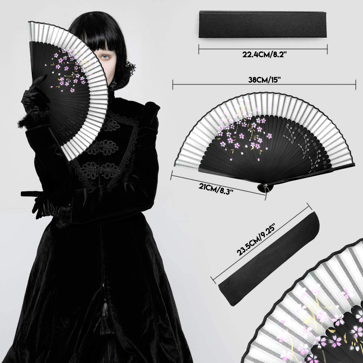 iZoeL Hand Bamboo Fan Handheld Folding Portable Fans, Black Fabric Cherry Fan with High-end Gift Bag, Cherry Pattern Hand Held Pocket Chinese Fan Idea Wedding Birthday Gift for Man Women