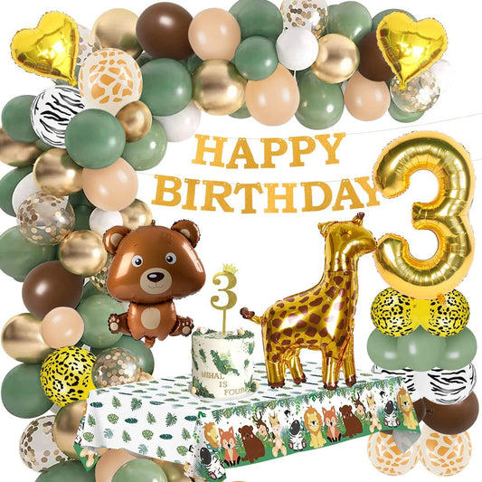 iZoeL 3rd Birthday Decorations for Baby Girls Boys 3 Birthday Banner Balloons, Sage Green Balloon Arch Kit, Giraffe Bear Balloons Wild Tablecloth 3rd Cake Topper Wild Two Animal Birthday Party