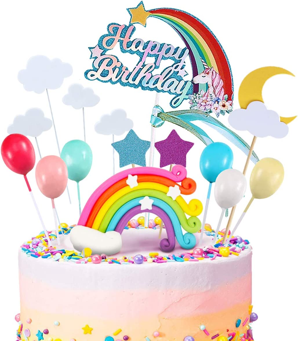 iZoeL 21pcs Unicorn Cake Topper Kit Cloud Rainbow Balloon Happy Birthday Banner Cake Decoration For Boy Girl Kid Birthday